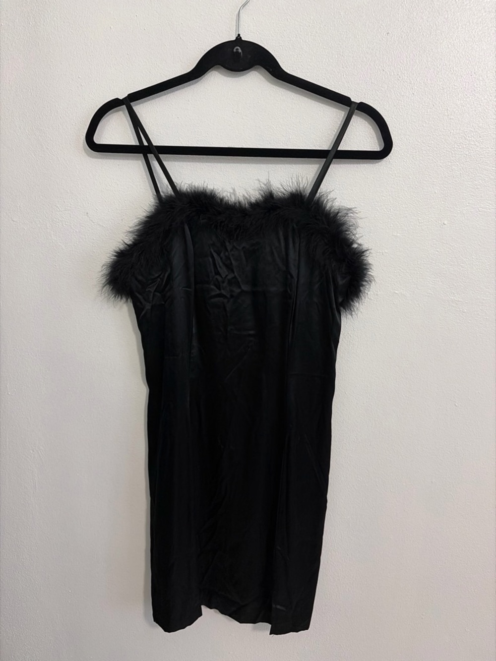 Black Satin Slip Dress with Feather Trim